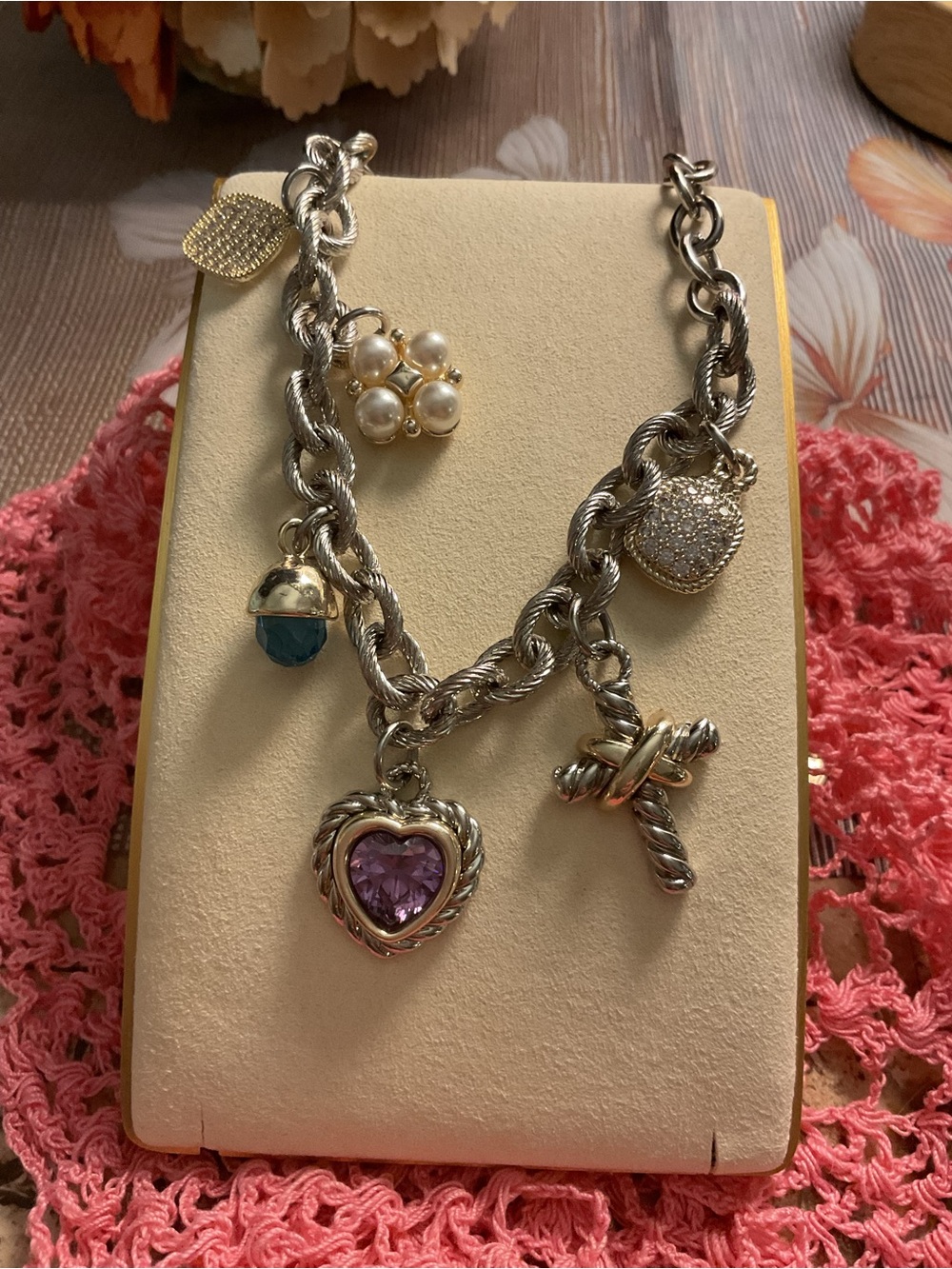 Silver-Tone Charm Bracelet with Purple Heart and Pearl Accents